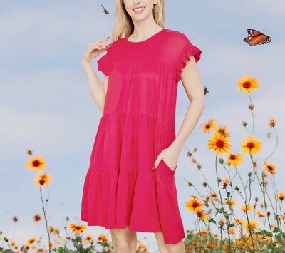 You & Me Short Ruffle Sleeve Tiered Dress w/Pockets Women s S 4/6 Watermelon