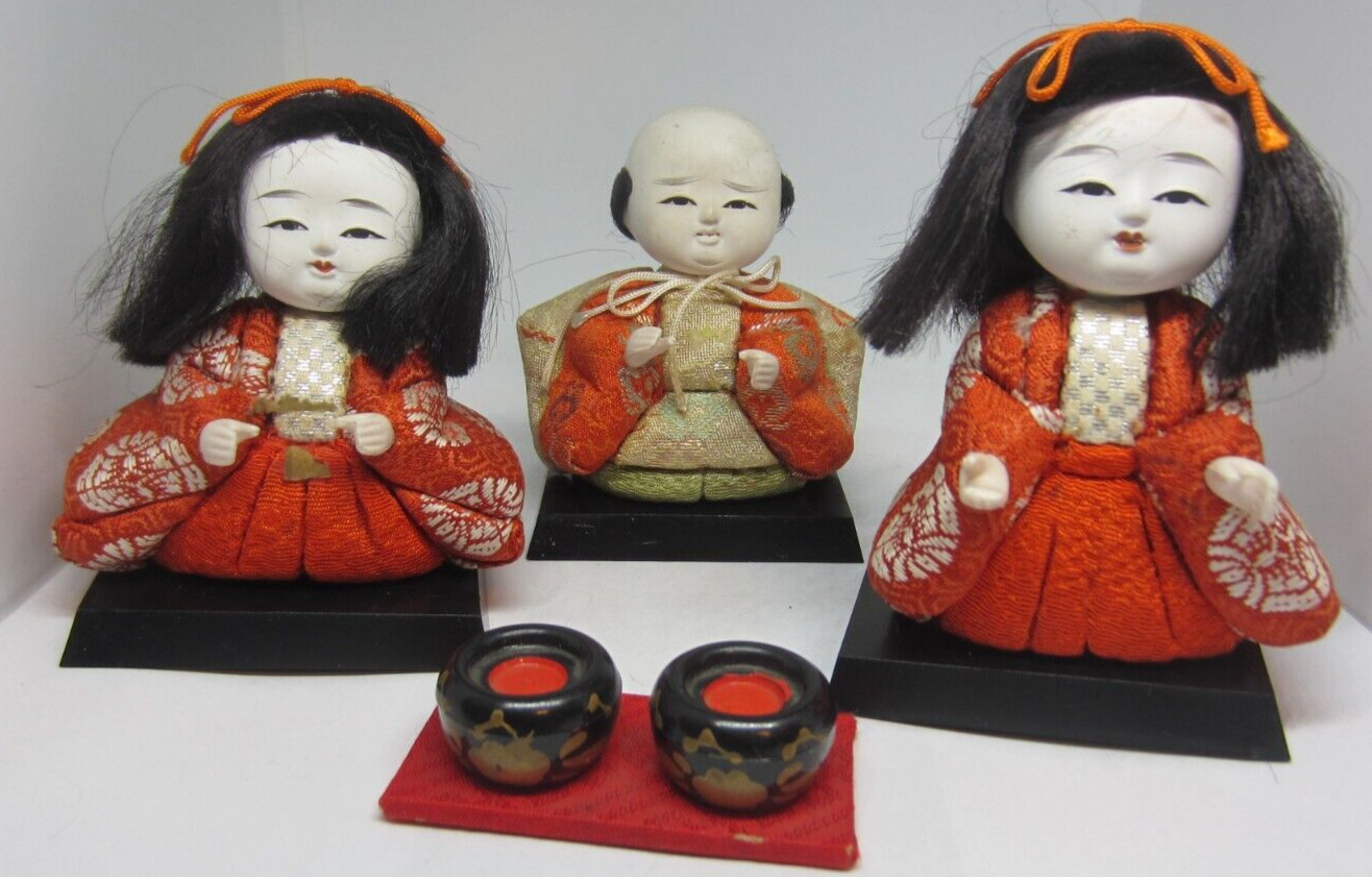 3 alte japanische Ichimatsu Gofun Geisha sitzende Puppen 2 Schalen Kreideköpfe
