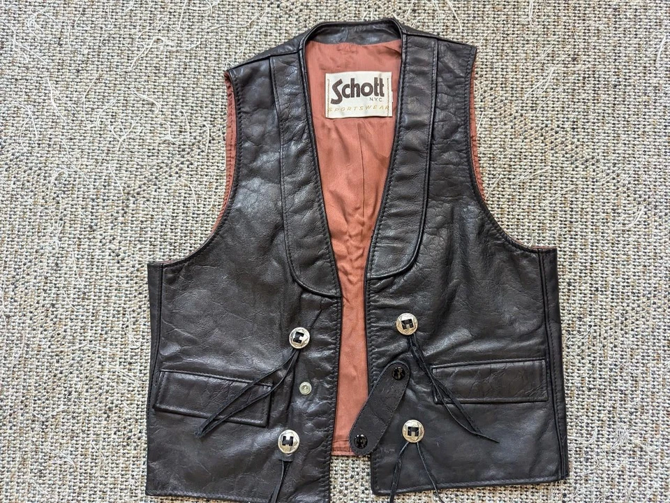 Chaleco vintage SCHOTT negro motocicleta 36-38 cuero negro solapa western CONCHO xs Foto 3 de 4