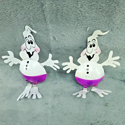 Vintage Ghost Halloween Decor Tin Metal Spring Legs Made in Philippines Lot of 2