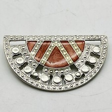 Half Moon Brooch Terracotta Enamel Silver Ton...