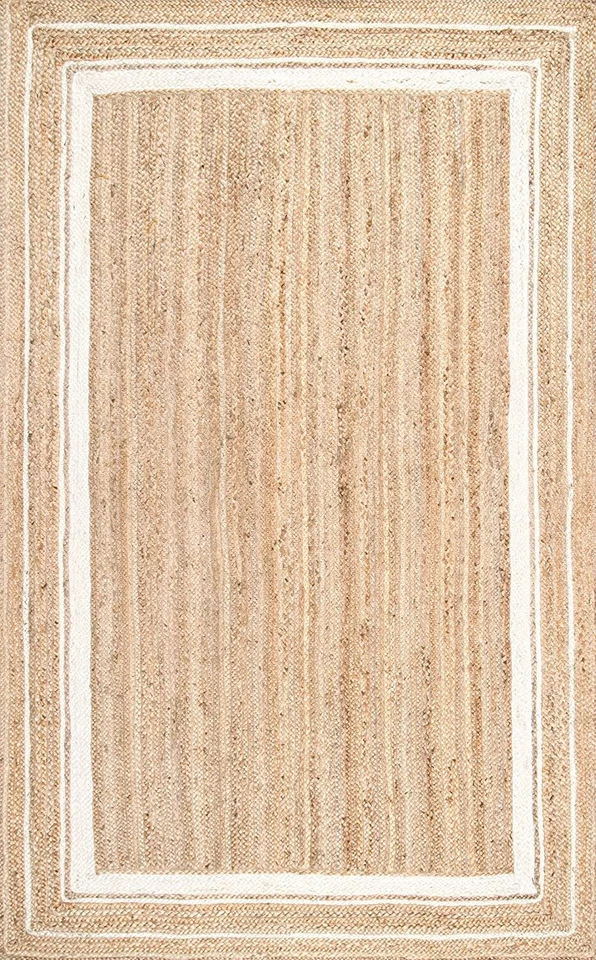 100% Natural Jute Rug Braided Rectangle Area Rug for Living Room Beige White - Image 2 of 4