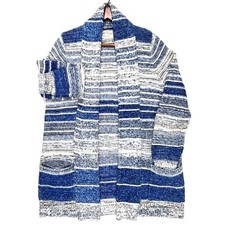 Lucky Brand Women's Blue  White Striped Open Front Cardigan Sweater Size 1X