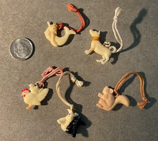 VTG Lot of 5 Celluloid Cracker Jack Toy Charm Premium-dogs-chicks-mouse-mermaid