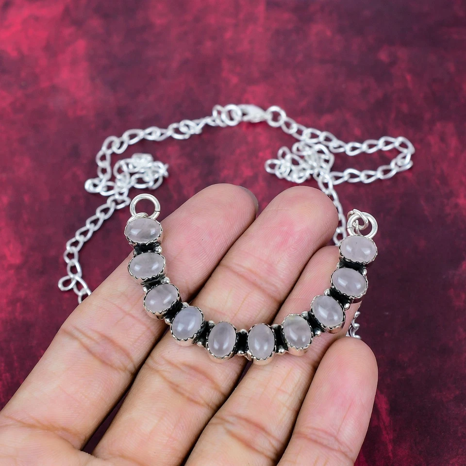 Collar de joyería bohemia de plata de ley 925 hecho a mano con piedras preciosas de cuarzo rosa Foto 3 de 4