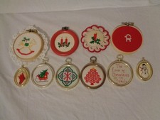 10 VINTAGE HANDMADE NEEDLEPOINT EMBROIDERY CHRISTMAS DESIGN ORNAMENTS FRAMED