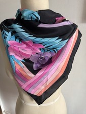 Vintage Scarf Bold Pink, Turquoise, Black, Orange Floral Women 31  Square Sheer