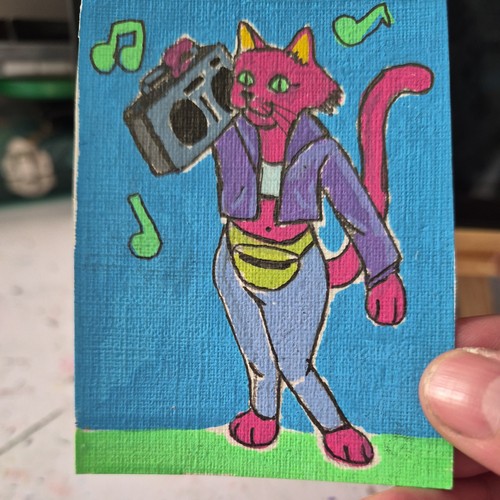 ACEO Original 80s themed pink cat cartoon 2.5x3.5 by Lizzywhothefunkc 