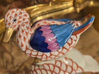 *PRISTINE* Herend Duck Figurine 15336 Rust Color Fishnet Pattern 24k Gold RARE