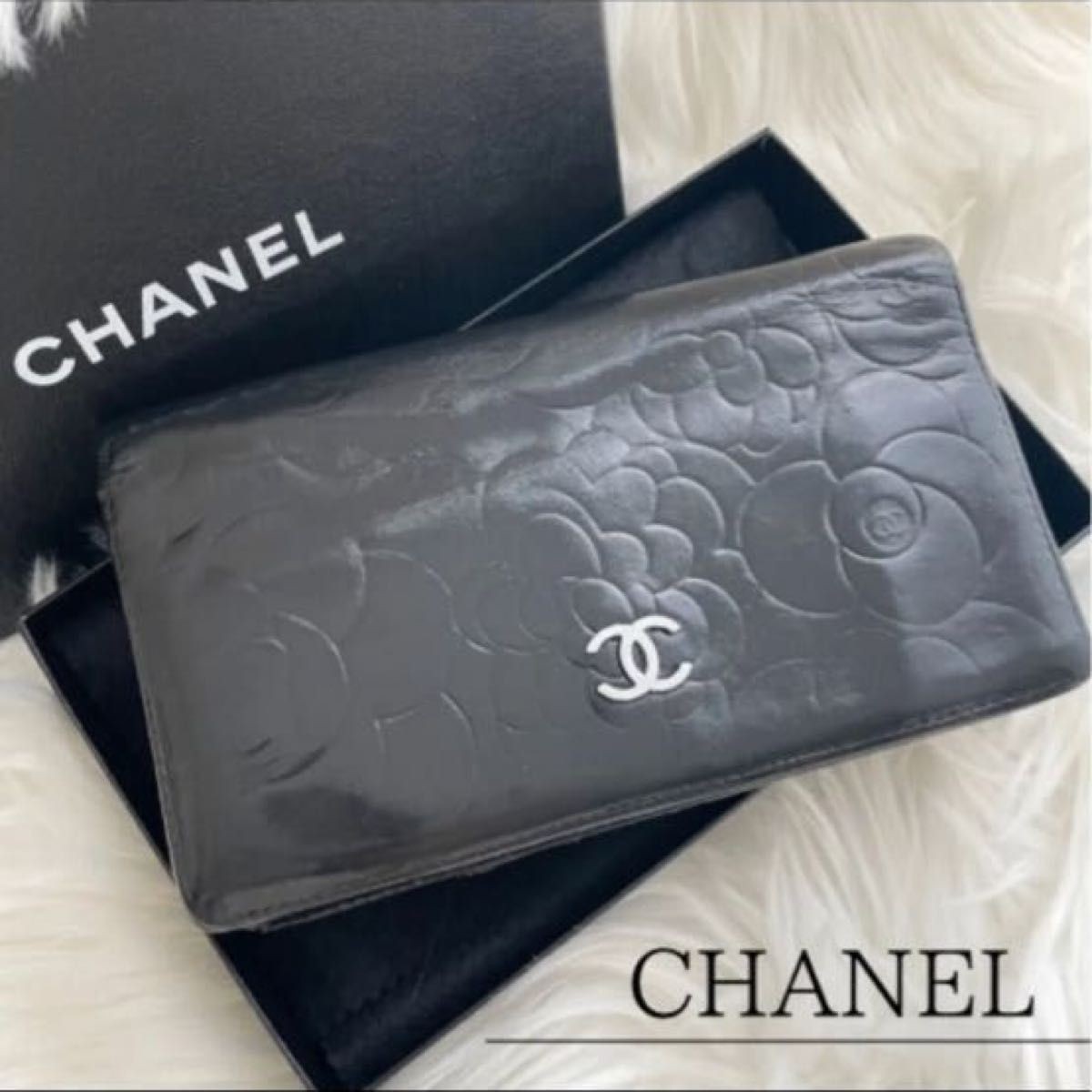 CHANEL Camellia Bifold Long Wallet Black with Silver Coco Mark Hardware