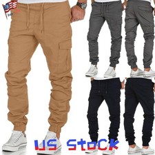 Mens Cargo Combat Elastic Waist Drawstring Trousers Pockets Cuffed Joggers Pants