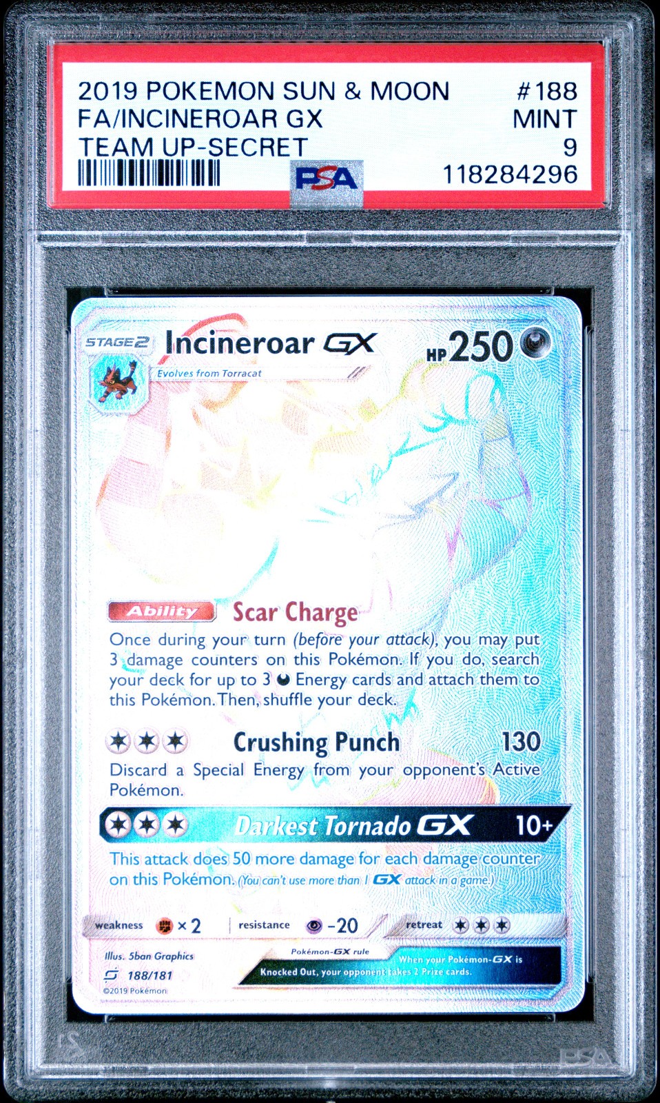 2019 POKEMON TEAM UP INCINEROAR GX #188 SECRET RARE PSA 9 MINT #118284296