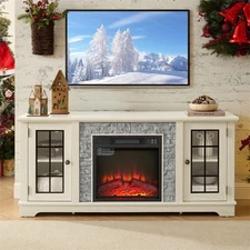 58" TV Stand,Faux Stacked Stone Surround w/18" Electric Fireplace Living Room 