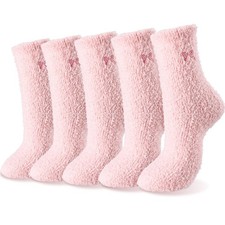 5 Pairs Pink Bow Fuzzy Socks for Women Soft Warm Fluffy Cozy Slipper Socks fo...