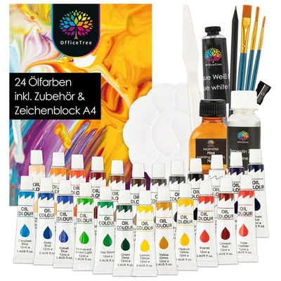 OFFICETREE 24 x 12ml Ölfarben Set mit Pinsel und Palette Oil Paint Set inklusive Zubehör