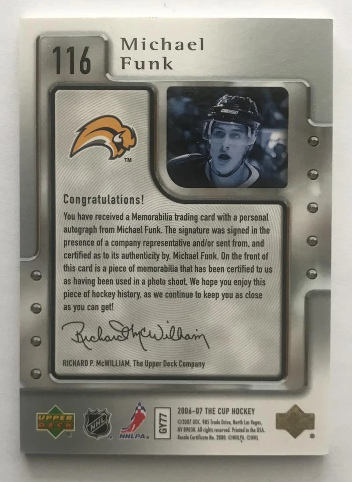 (HCW) 2006-07 The Cup #116 Michael Funk RC Rookie Auto 64/249 Patch 06947 - Image 2 of 3