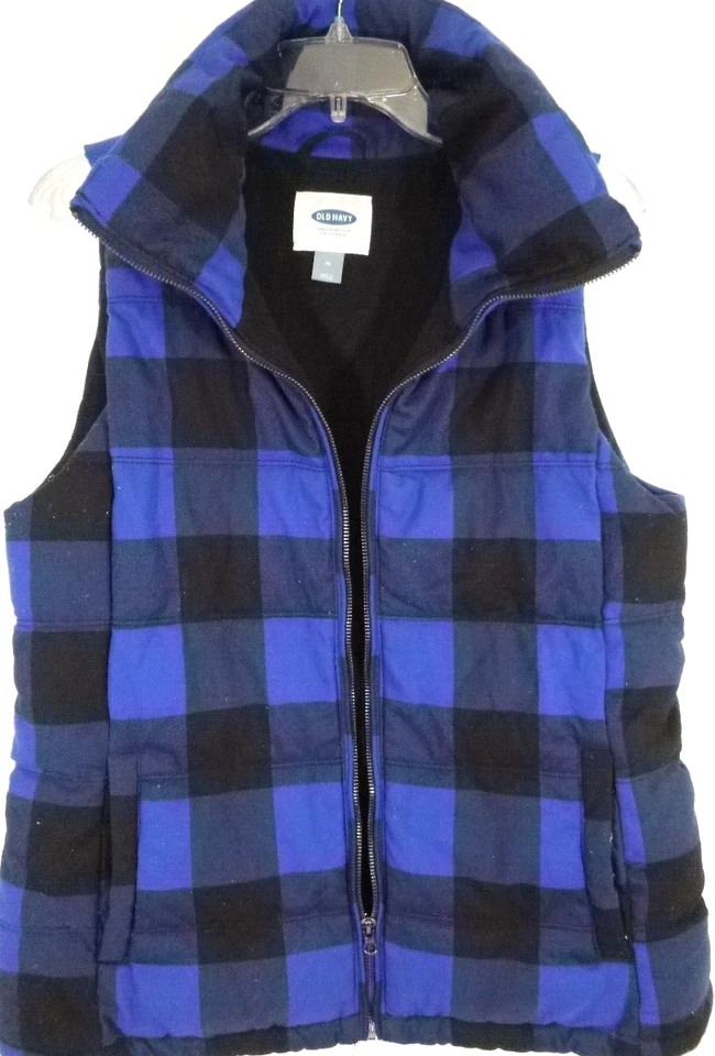 Old Navy-Mens Flannel Puffer Vest Jacket-Fleece Lined, Adult Medium, Blue Plaid - Image 4 of 4