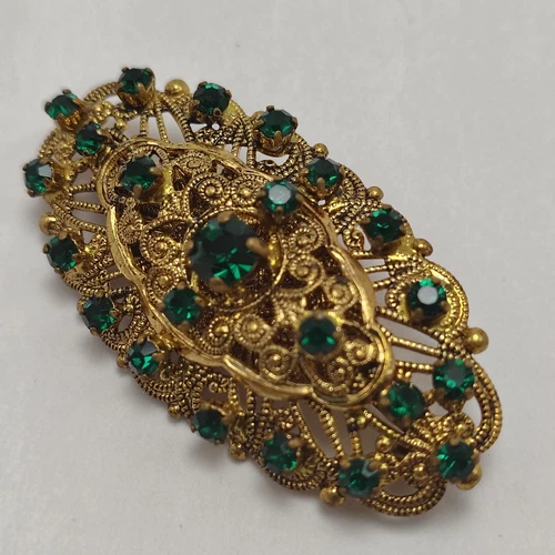 Vintage Czech-Style Green Glass Stones Filigree Brooch - Unmarked, Approx. 2"