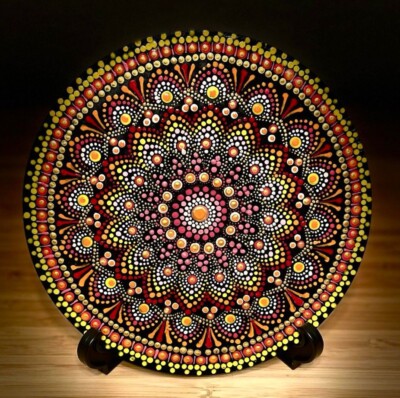 Inspiring Mandala Dot Painting on Round Wooden Board 8x8 (home decor)