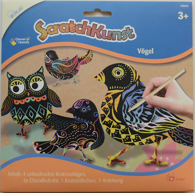 Scratch Art, Kratzbilder, 4 unbedruckte Kratzvorlagen, Vögel, Eule, ab 3 J.