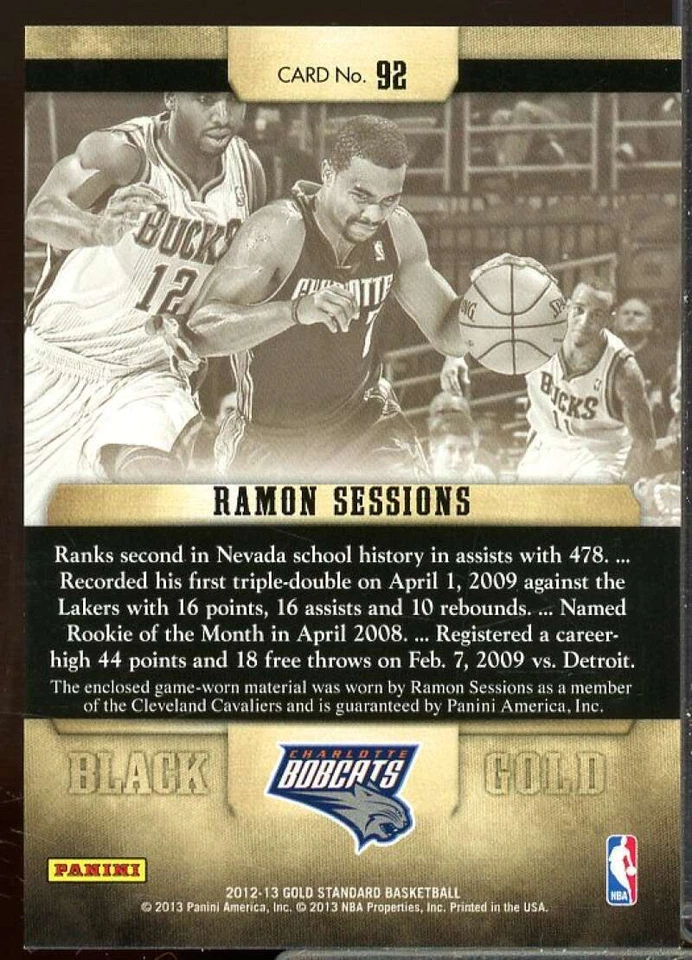 Ramon Sessions/199 Card 2012-13 Panini Gold Standard Black Gold Threads #92  - Image 2 of 2