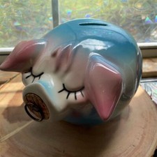 Vintage 1957 Hull Pottery Corky Pig Piggy Bank Pink & Blue with Original Cork