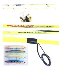 Kit Canna Spinning + Mulinello + 4 Long Jerk Pesca Pesce Serra Spigola Barracuda