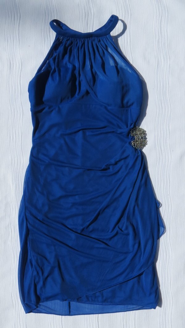 horizon blue dresses david's bridal DAVID'S BRIDAL US sz M 10 Horizon Blue Mesh Knit Dress High Neck Side Cascade