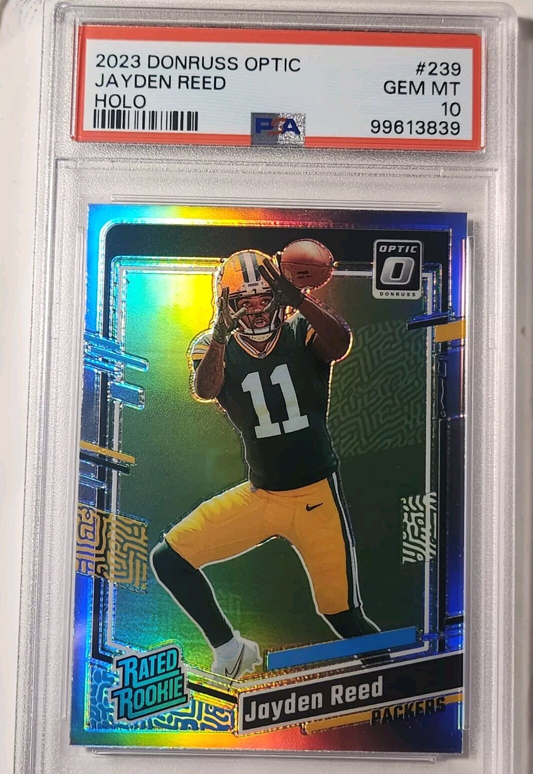Jayden Reed 2023 Donruss Optic Holo Prizm Rated Rookie RC #239 PSA 10 Packers