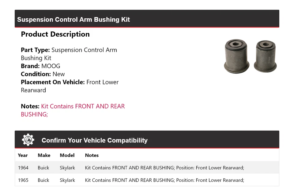 Kit de buje de brazo de control de suspensión MOOG para Buick Skylark 1964-1965 Foto 2 de 4