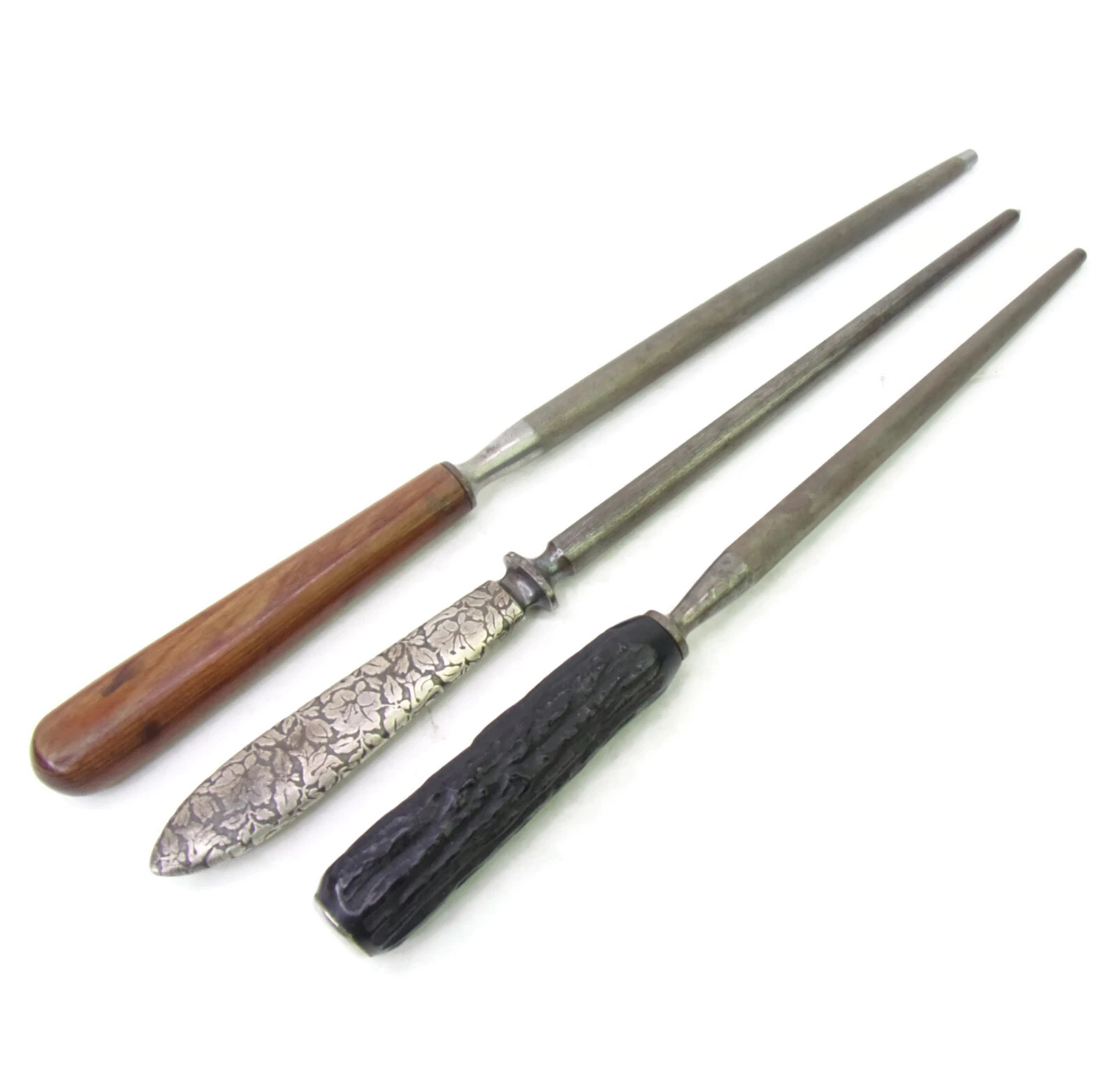 Lot Of 3 Vintage Knife Sharpener Honing Rods Sharpening Steels Approx 12" - 14"