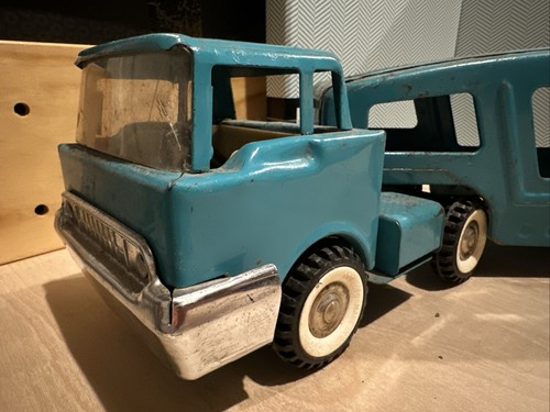 Structo Auto Haul Transport Semi Truck Car Ramp Hauler Trailer 1960s Teal Green - Picture 2 of 11