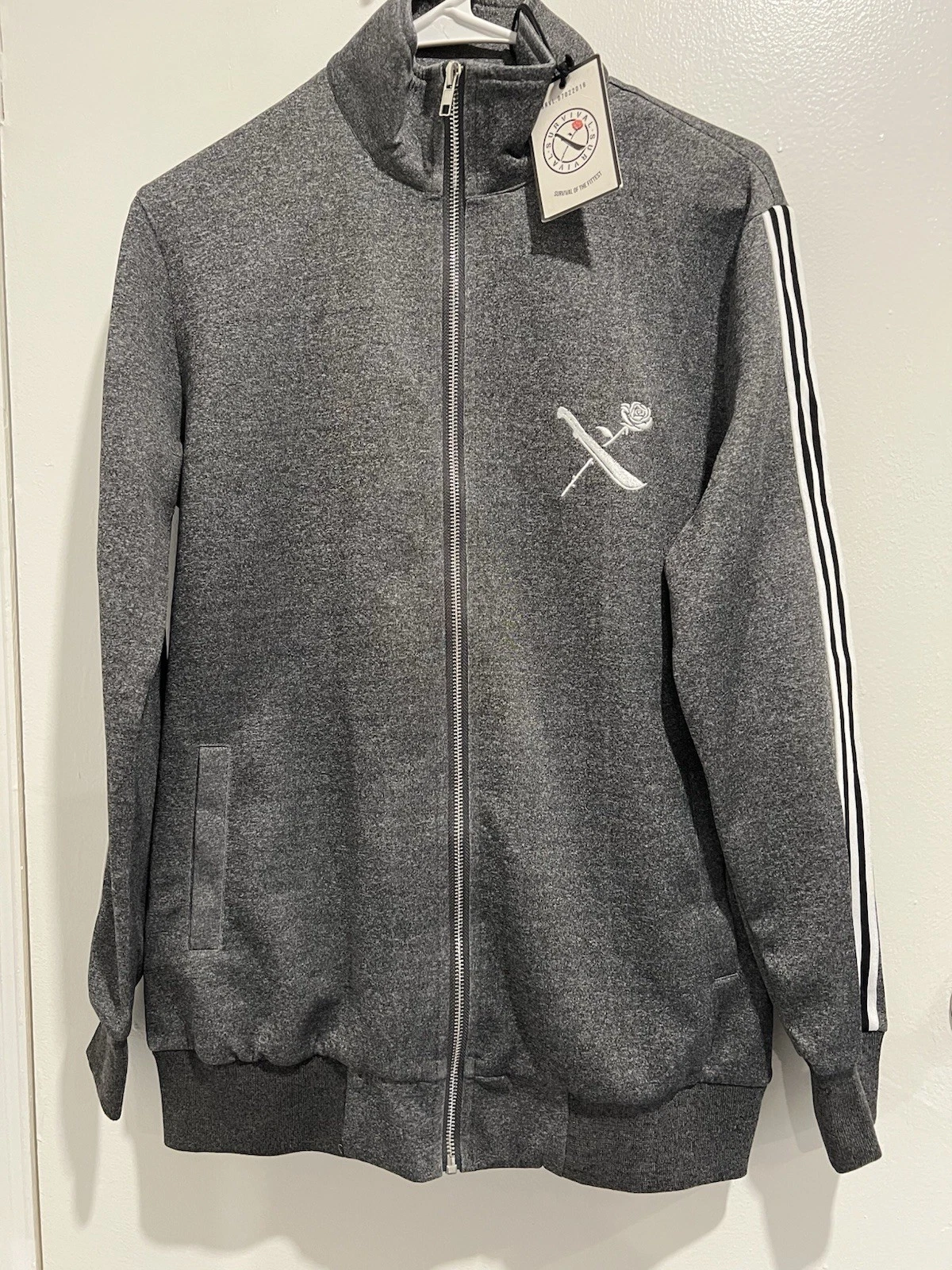 *New* Survival Zip Up Track Jacket Gray Stripe Sleeve Logo Full Zip Unisex XS
