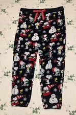 WOMEN'S SIZE M 8-10 "PEANUTS" SNOOPY BLACK VELOUR XMAS DRAWSTRING PAJAMA PANTS