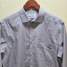 Calvin Klein Shirt Mens 15.5 32/33 Blue Check Regular Fit Non Iron Stretch Dress
