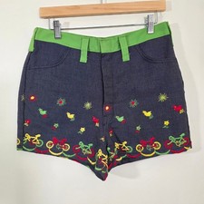Montgomery Ward Women Shorts Vintage Embroidered Bicycle Bird High Waist Medium