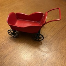 BABY CARRIAGE STROLLER RED METAL VINTAGE DOLLHOUSE MINIATURE NURSERY WHEELS TURN