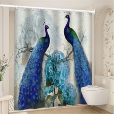 Peacock Shower Curtain Blue Floral Bird Print 70x70 Polyester w/ Hooks Set