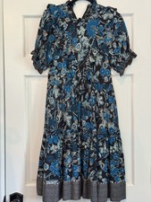 ULLA JOHNSON Roberta Floral Printed Blue Black White Dress with Ruffles Size 8