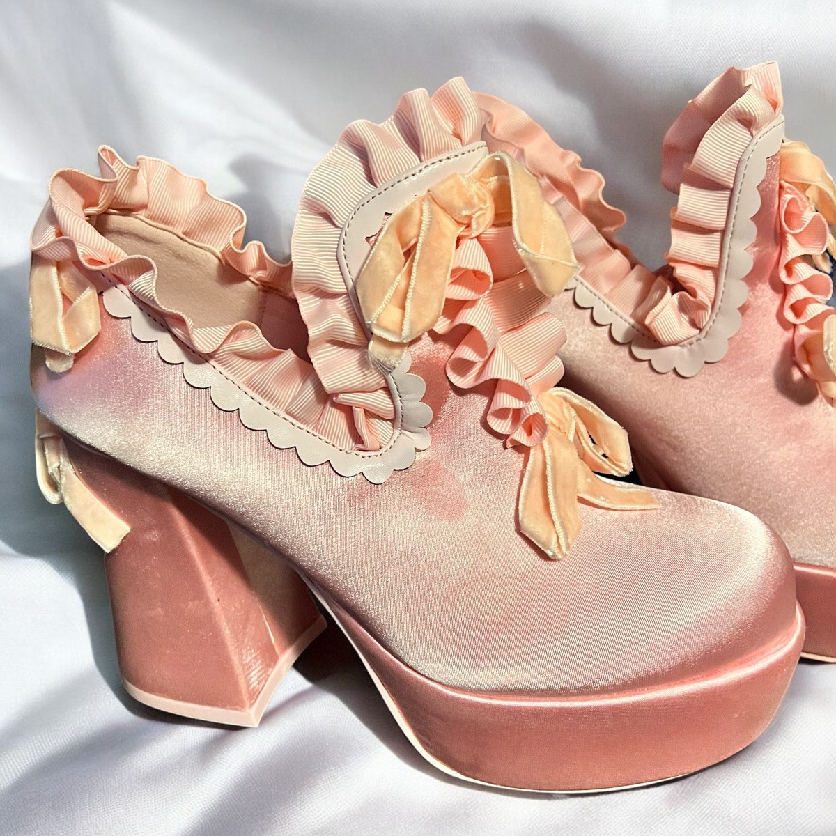 Size 8……SUGAR Pink Slip On Satin Heels with Velvet