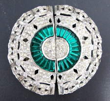 Vintage Belt Buckle Art Deco Green Cabochons Clear Rhinestones 2pc Round