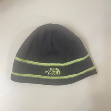 The North Face Knitted Beanie Hat Youth Junior M Gray w/ Neon Green Stripes Logo
