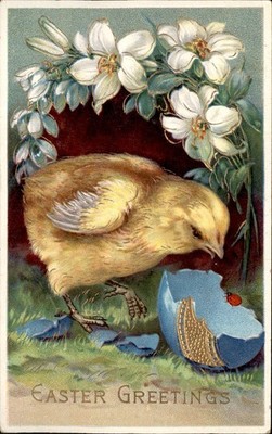 Easter New Hatched Chick Greet Ladybug Gilt Embossed c1900-20s Vintage Postcard
