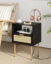 Rattan Nightstand with Charging Station, Drawer Dresser for Bedroom