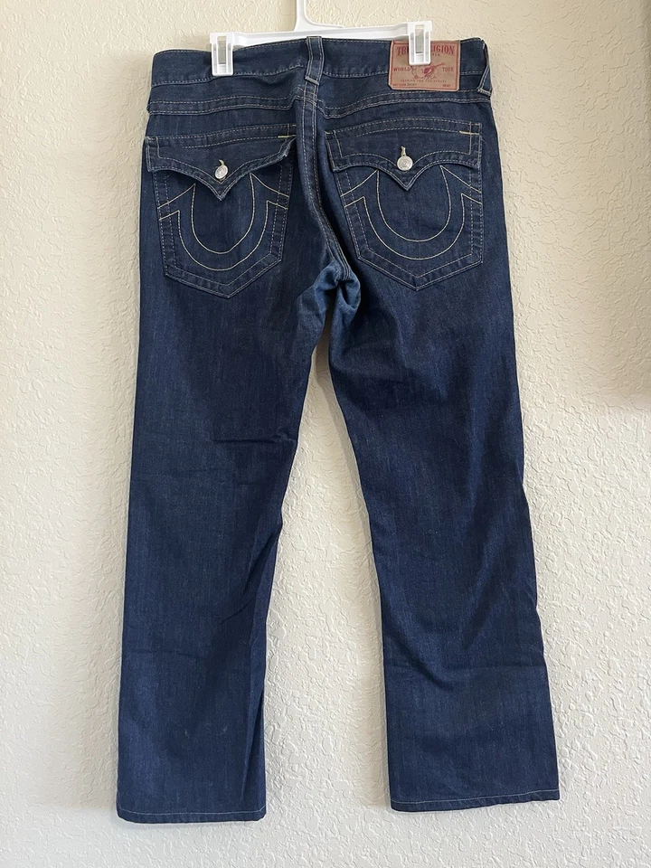 True Religion Ricky Blue Men's Jeans 33X30 Dark Wash Straight Flap Pockets Logo - Image 4 of 4