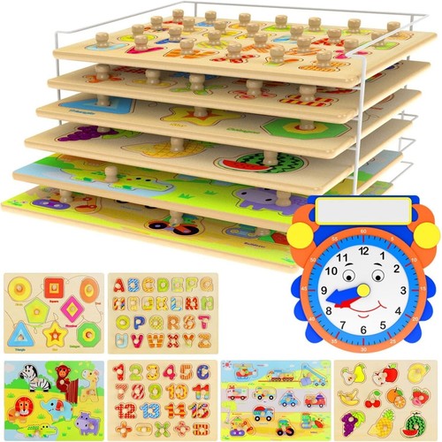 Fun Educational Wooden Puzzles for Toddlers - 7 Themes with Clock & Storage Rack - Picture 3 of 10