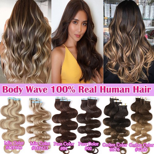 THICK 150g Wavy Tape In Human Hair Extensions Skin Weft Remy Full Head Virgin US - Picture 2 of 44
