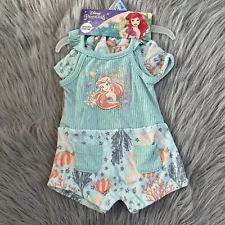 Disney Princess Ariel Tank Top Shorts Romper Baby Girls Size 3-6 Months Blue Hat