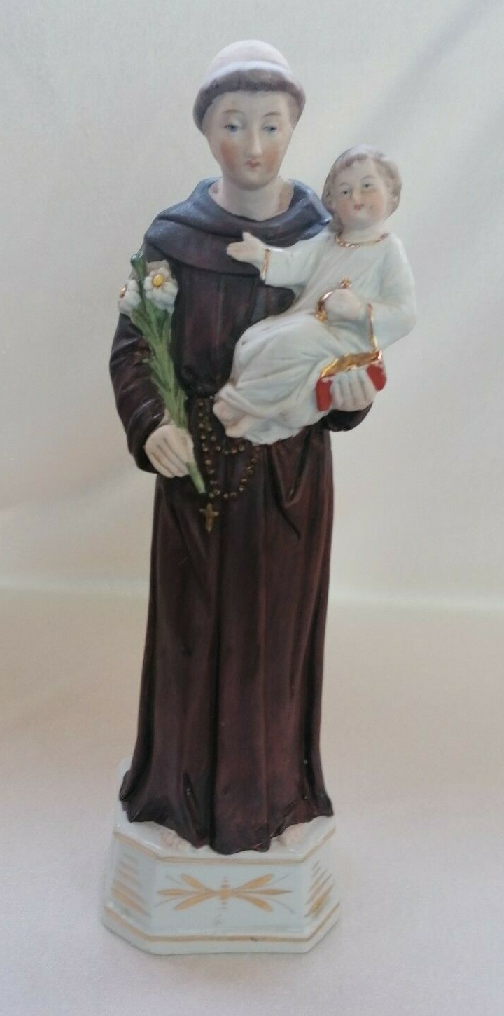 Porzellanfigur Hl Antonius mit Jesukind Keramik alt unbeschädigt 28 cm Signatur