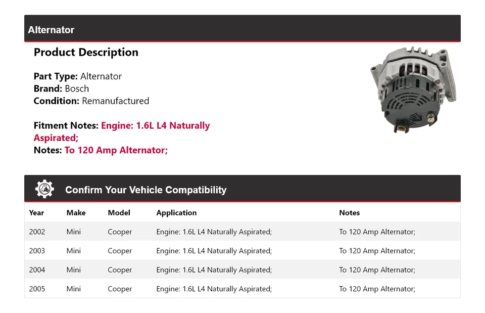 Alternador Bosch de aspiración natural 2003 2004 para Mini Cooper 2002-2005 1,6 L L4 Foto 2 de 4